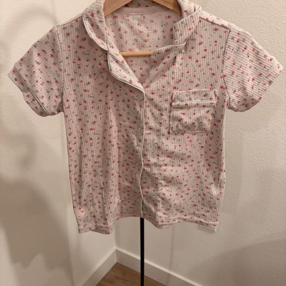 Tahari Pink Floral Ribbed Short Sleeve Pajama Top Size M (8)